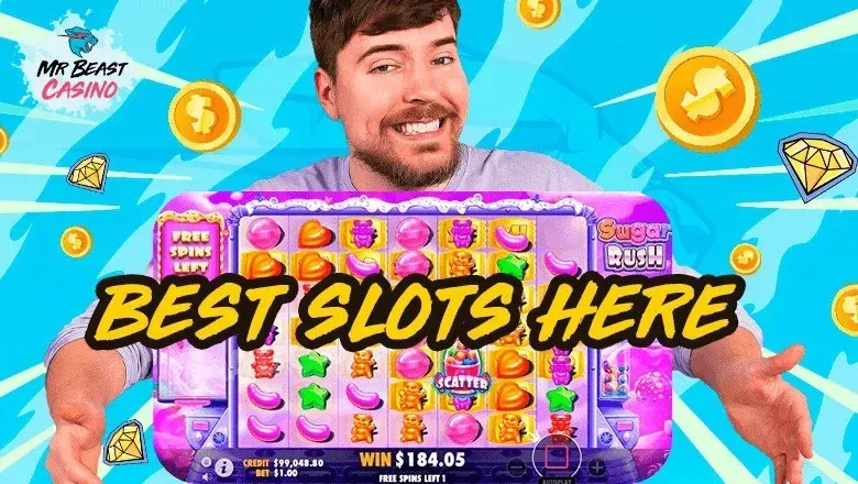 MrBeast stands at the center of a vibrant casino-themed set, smiling and holding a large stack of cash in one hand while gesturing excitedly with the other. Bright neon lights, slot machines, and colorful gaming props fill the background, creating an energetic and celebratory atmosphere. The mood is lively and fun, emphasizing excitement and the thrill of winning big prizes. If present, any visible text on signs or banners reads MrBeast Casino