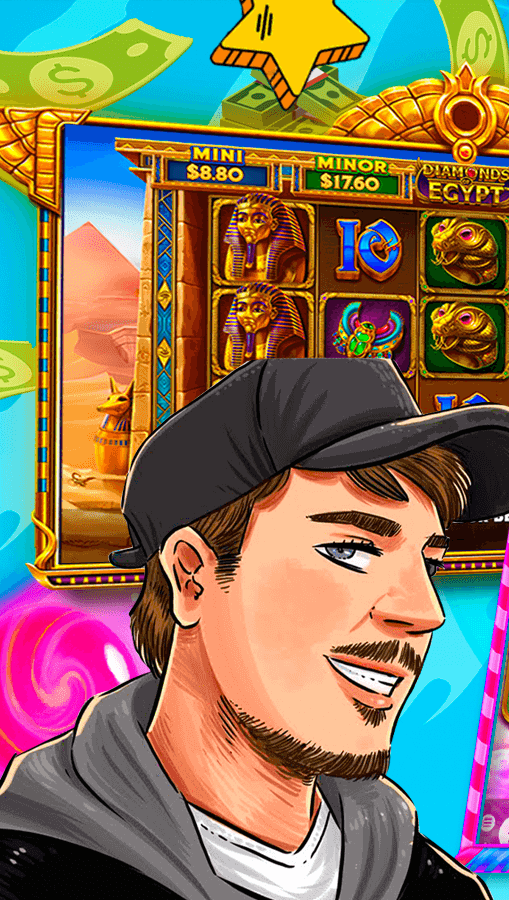 MrBeast smiling and holding a large stack of cash in both hands, standing in a brightly lit studio with colorful gaming props and a cheerful, energetic atmosphere. The background features neon lights and playful decorations. The mood is exciting and celebratory.